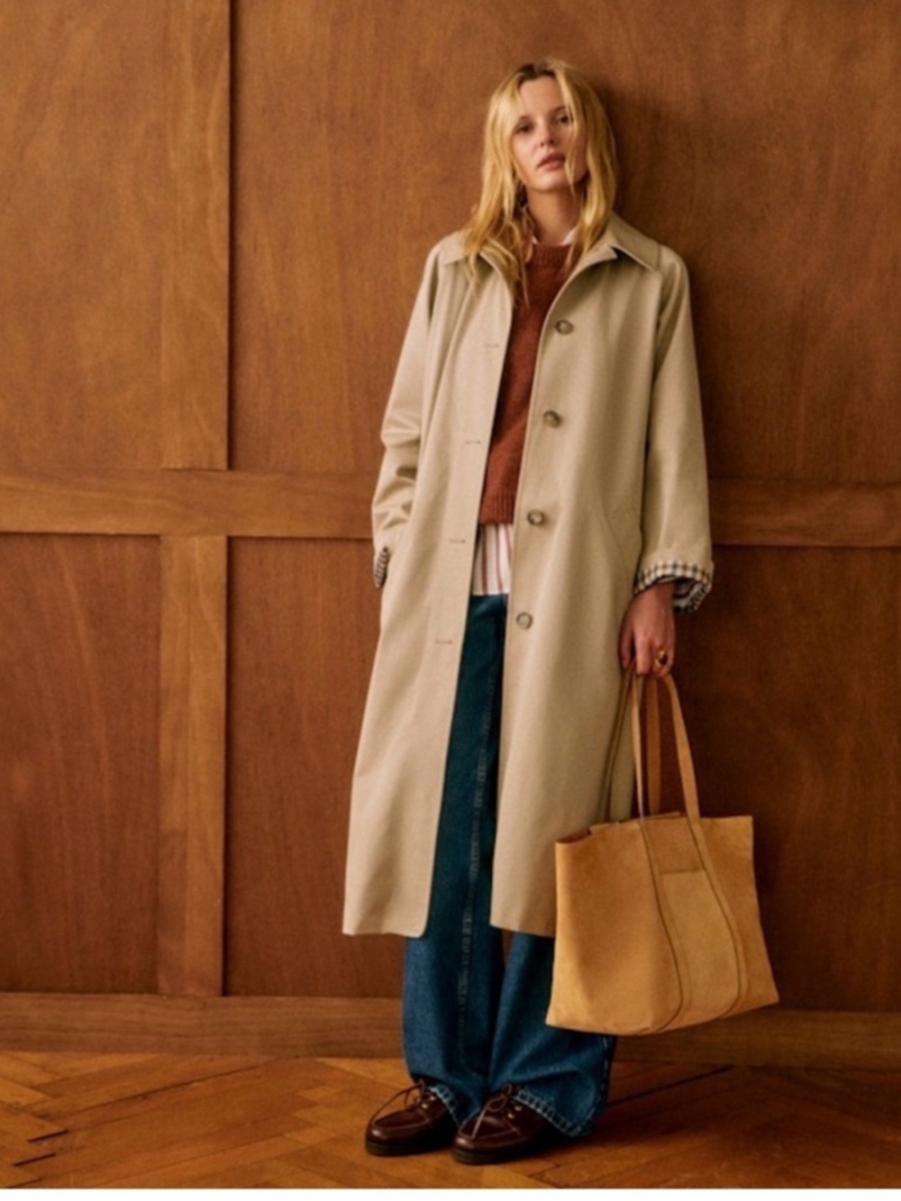 Sezane Beige Trench Coat with Checked Cuff Detail